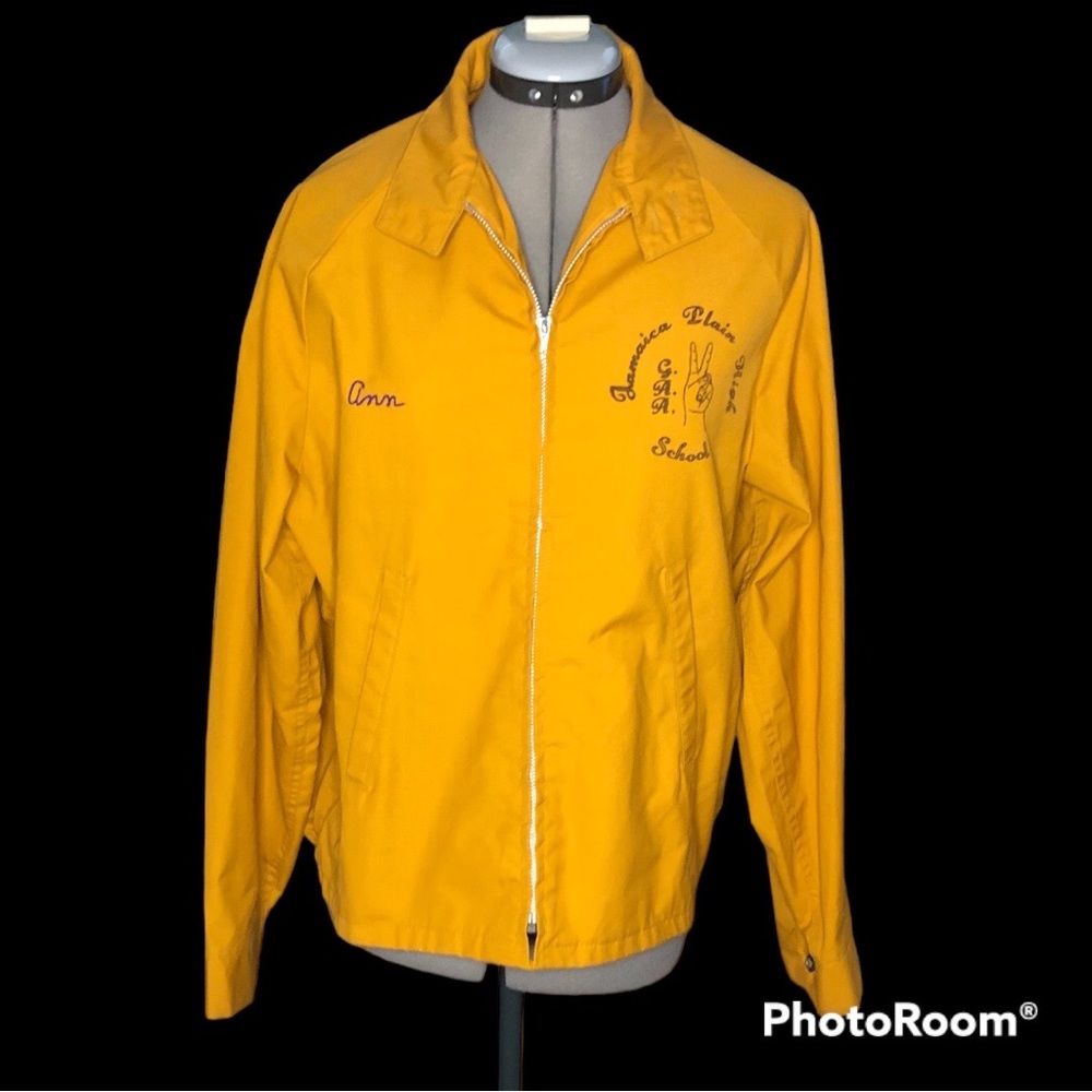Vintage golden lightweight high school jacket. Peace sign